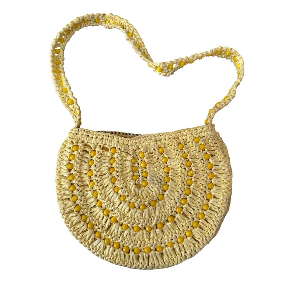 Vintage Made in Italy Raffia Beaded Shoulder Bag Yellow Boho Straw Purse 1960s